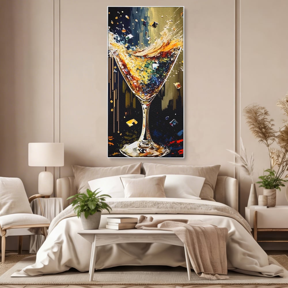 Tablou canvas cu tablou canvas cu pahar de cocktail in plina explozie de culori, in rama de aluminiu argintiu, pe perete intr-un dormitor